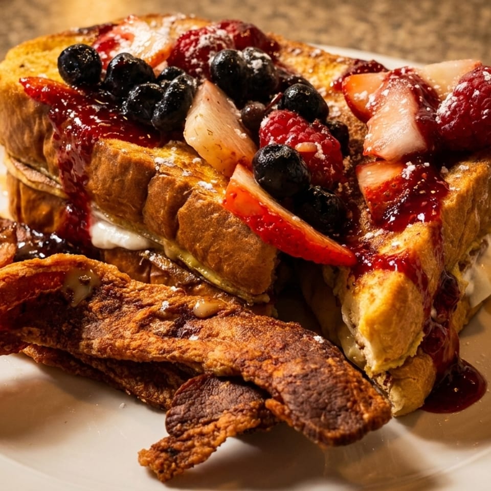 Thick-cut French toast with berries, syrup, powdered sugar, and crispy bacon on a white plate.
