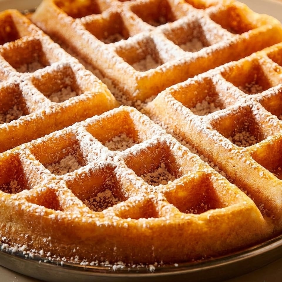 Golden-brown waffle dusted with powdered sugar, served on a round metal plate.