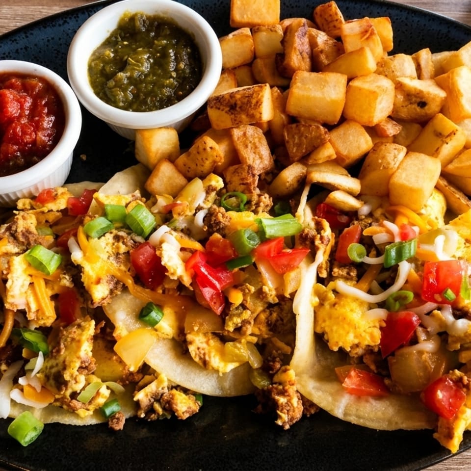 Breakfast tacos with scrambled eggs, cheese, tomatoes, green onions, and a side of home fries.