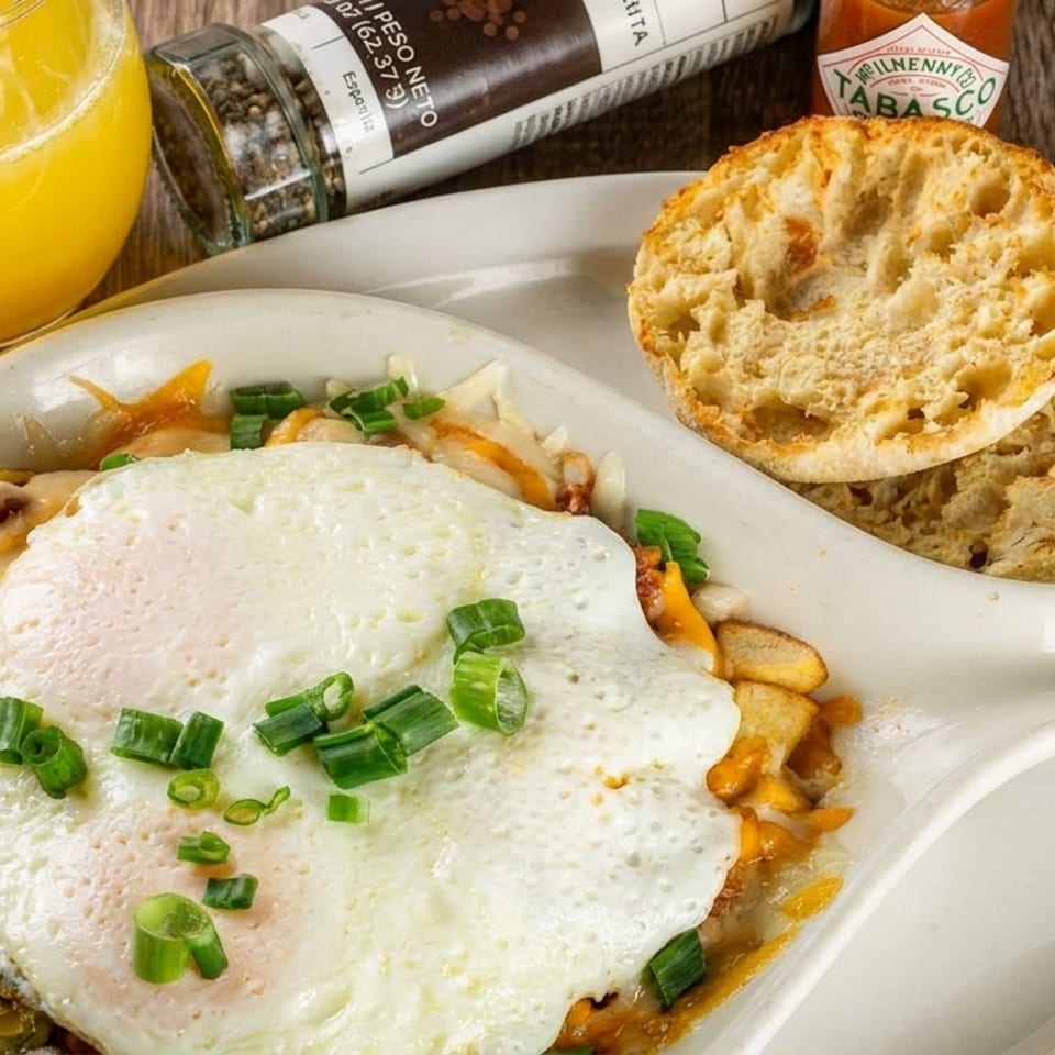 Breakfast skillet with fried eggs, potatoes, cheese, green onions, English muffin, and orange juice.