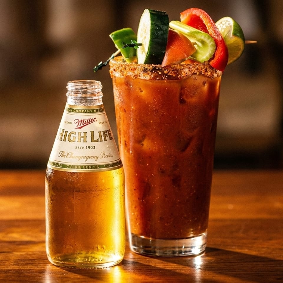 A Miller High Life bottle next to a Bloody Mary garnished with cucumber, bell pepper, and lime.