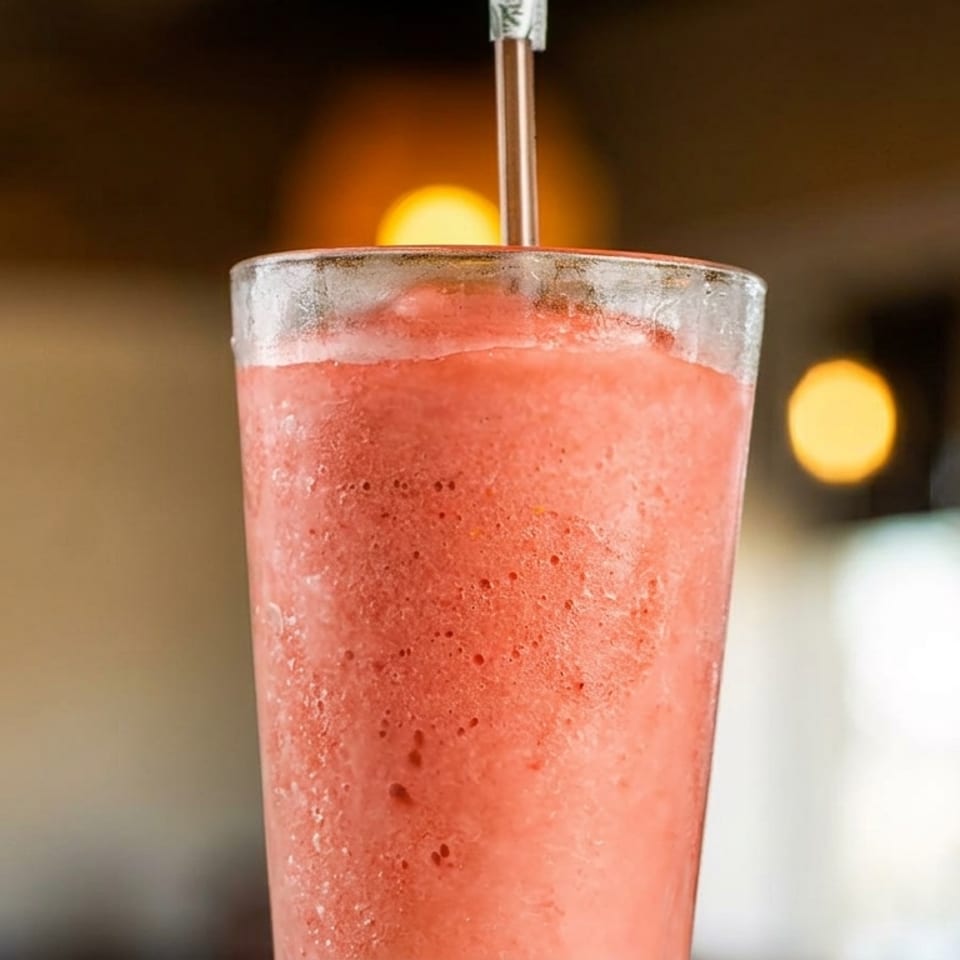 Close-up of a vibrant pink strawberry smoothie in a tall glass with a straw, against a blurred background.