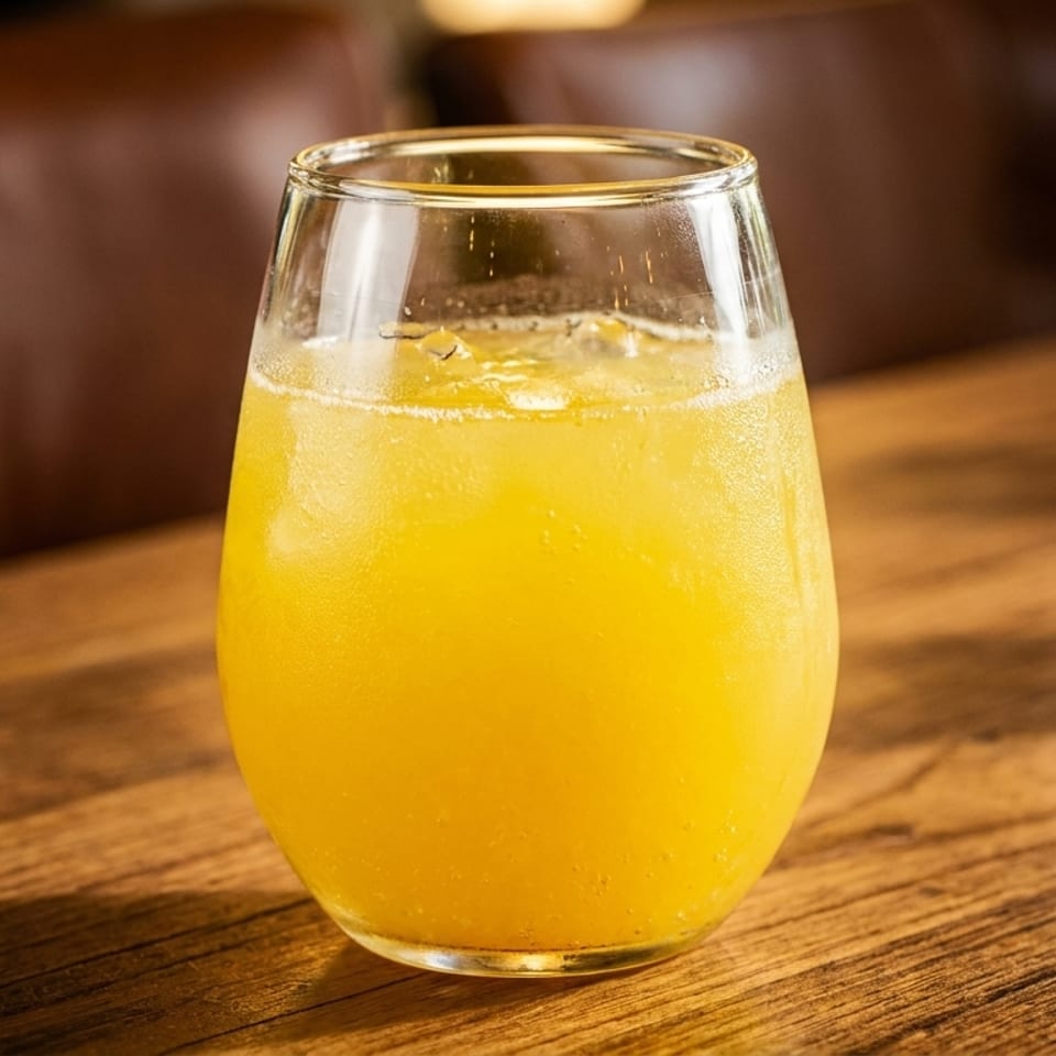 A glass of orange juice with ice sits on a wooden table, with blurred glasses and seating in the background.