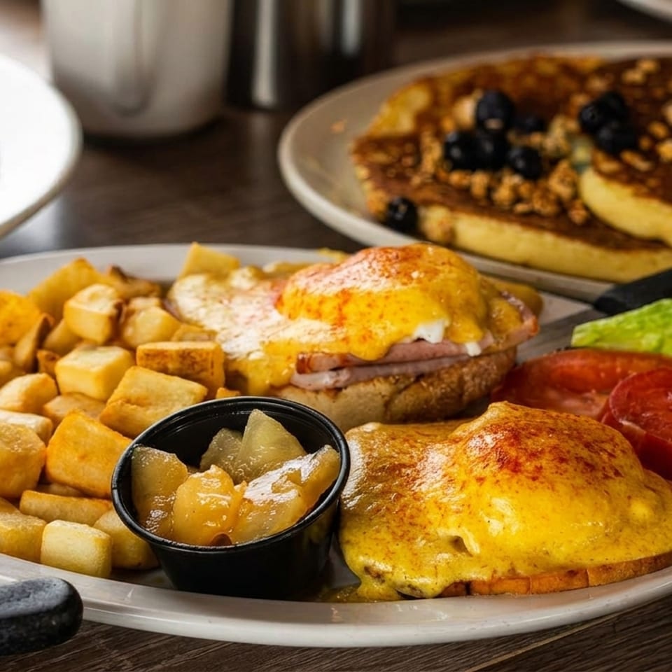 Eggs Benedict with home fries, fruit, and a side of blueberry pancakes on a wooden table.