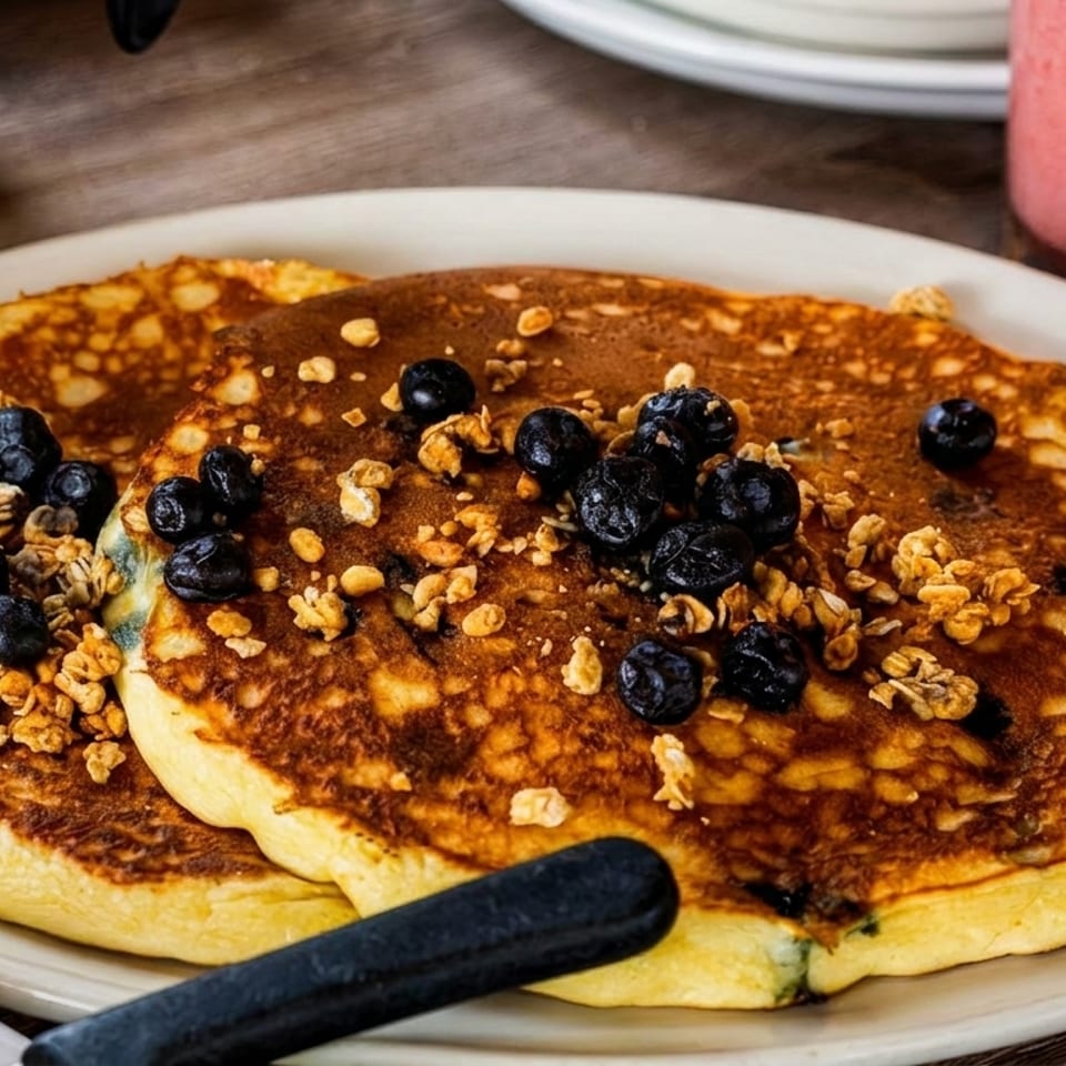 Two golden-brown pancakes topped with blueberries and granola, with a pink smoothie in the background.