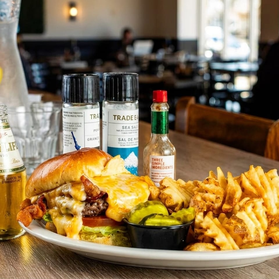 Cheeseburger with bacon, waffle fries, pickles, and a bottle of Miller High Life on a wooden table.