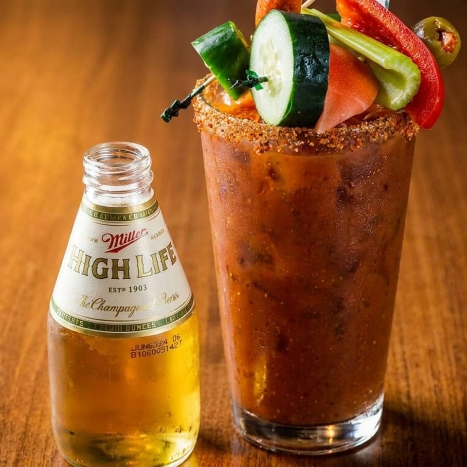 A Miller High Life bottle next to a Bloody Mary garnished with vegetables on a wooden table.