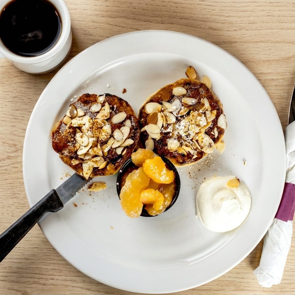 Two almond pastries with powdered sugar, a side of fruit, and coffee on a wooden table.